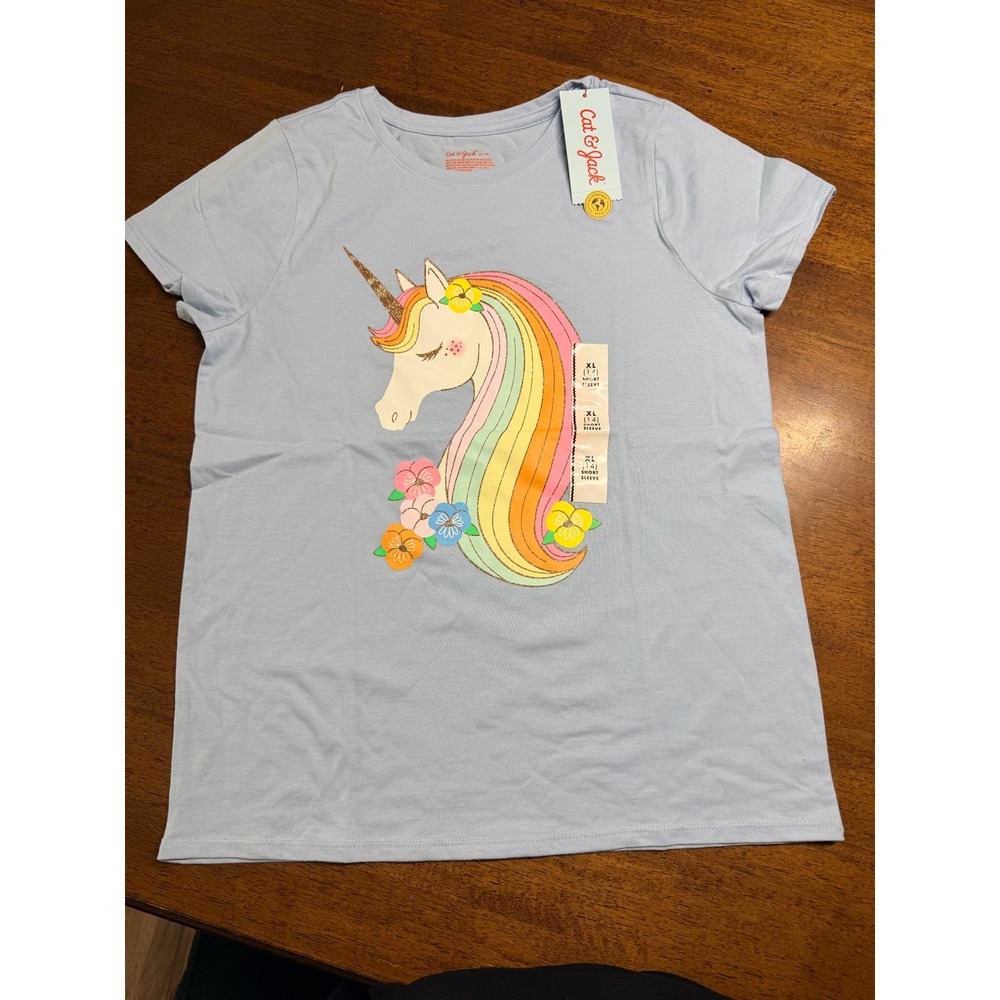 Cat & Jack Unicorn Graphic Tee Kids XL 14 Blue NWT Rainbow Glitter Flower Short